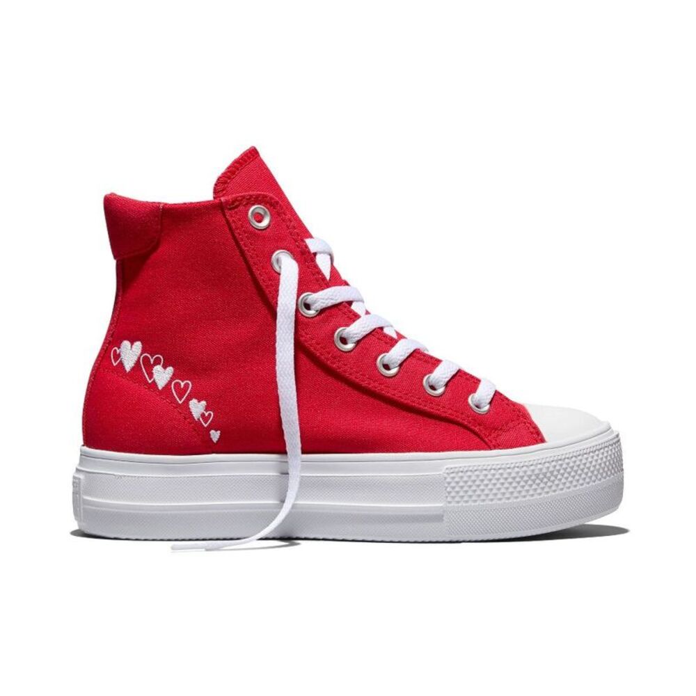 Converse Red High-Top Platform Sneakers with White Hearts